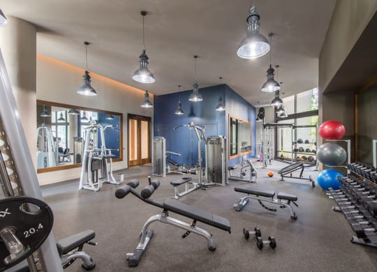 Workout room with weights and other exercise equipment at Highgate at the Mile, McLean