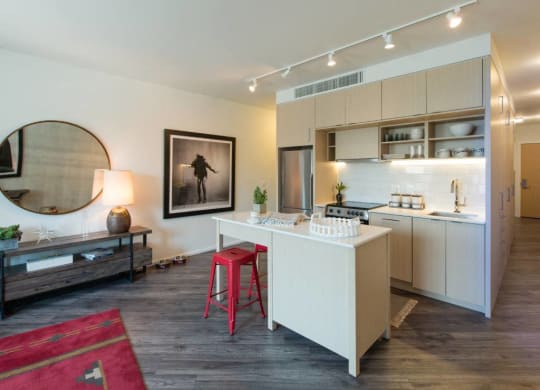 a kitchen and living room with a white counter at Reed Row, Washington, DC