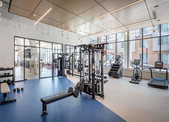 A gym with a variety of equipment including weights, treadmills, and exercise machines at Jayde Parkside Apartments, Washington 20019