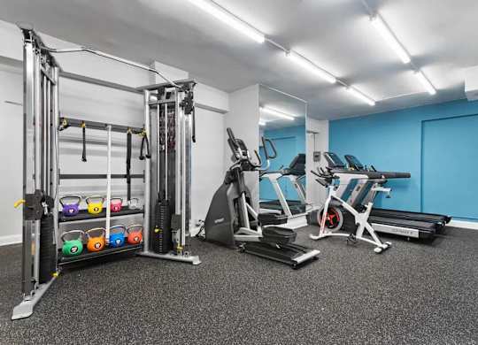 A gym with a variety of equipment including a treadmill, a weight rack, and a rowing machine.