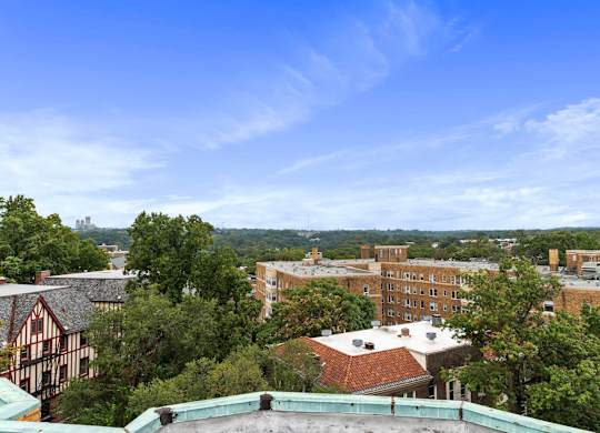 A view of a town from a high vantage point.