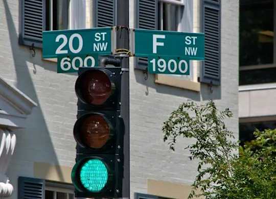 A traffic light with a green light on and street signs for 20th and F streets.