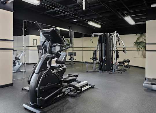 A gym with a row of treadmills and a row of stationary bikes.