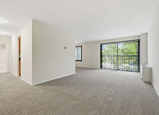 A spacious room with a carpeted floor and a sliding glass door leading to a balcony.