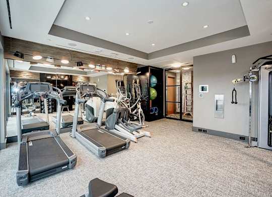 A spacious gym with treadmills, weights, and exercise equipment.