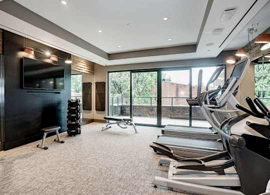 A gym with treadmills, weights, and a television.
