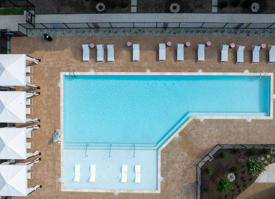 an overhead view of a swimming pool with umbrellas at Preston Ridge, Cary, NC, 27513