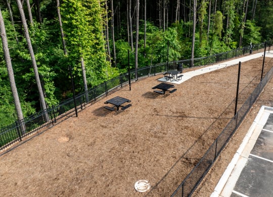 a fenced in dog park with benches and trees at Preston Ridge Apartments Cary, NC
