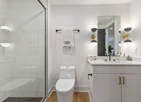 a white bathroom with a shower and a sink and a toilet at Rialto, Washington, DC 20002