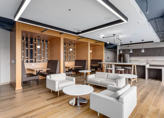 a lounge area with couches tables and chairs and a kitchen