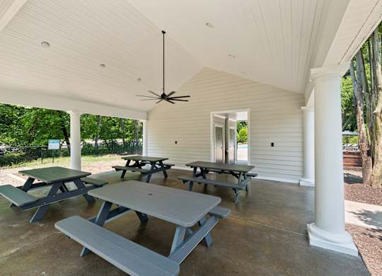 A covered picnic area with tables and benches.