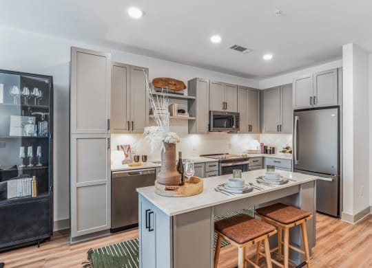 a kitchen with a large island and stainless steel appliances at South and Hollis, North Carolina, 28209