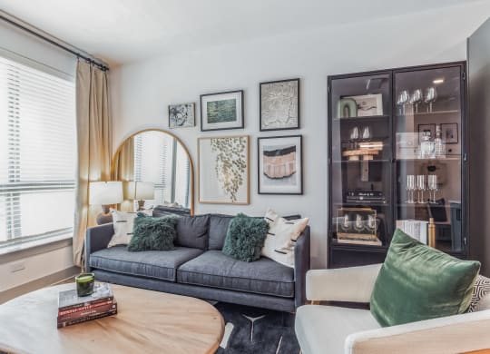 a living room with a gray couch and a coffee table at South and Hollis, Charlotte