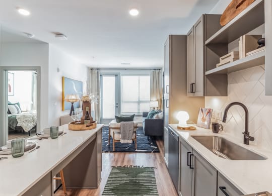 a kitchen with a sink and a view of a living room at South and Hollis, North Carolina, 28209