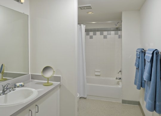 a bathroom with a sink and a shower and a mirror at Tindeco Wharf, Maryland