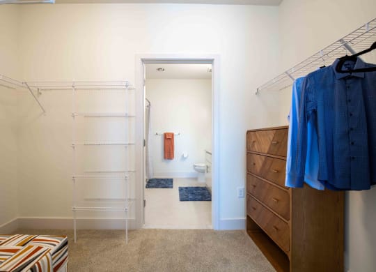 a walk in closet in a bathroom with a shower and a dresser at Woodmore Grand, Bowie
