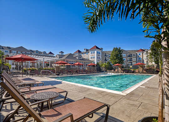 A pool area with sun loungers and umbrellas in front of apartment buildings at Vermella Lyndhurst apartments, Lyndhurst