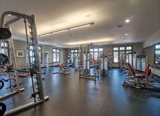 A spacious gym with a variety of equipment at Vermella Lyndhurst apartments, Lyndhurst, NJ