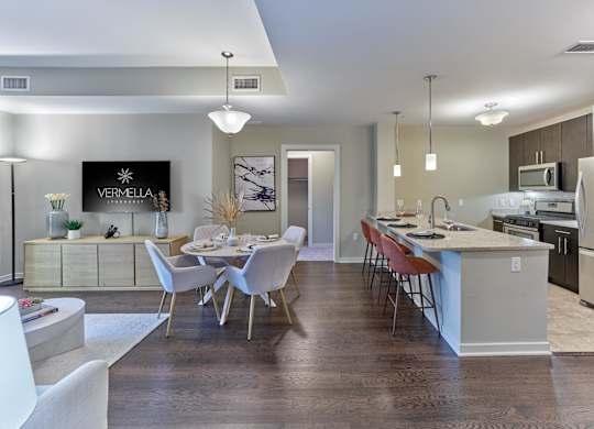 Open concept kitchen and dining area at Vermella Lyndhurst apartments, Lyndhurst, NJ