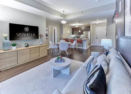Spacious, open layout kitchen and living area at Vermella Lyndhurst apartments, Lyndhurst 07071