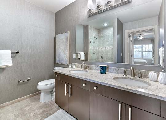 Double sink and vanity bathroom at Vermella Lyndhurst apartments, Lyndhurst, NJ