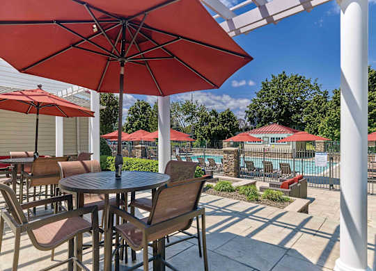 patio, pool, sun deck, outdoor lounge, fire pit at Vermella Lyndhurst apartments, Lyndhurst, NJ