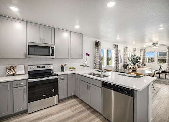 Kitchen with stainless steel appliances and quartz counter tops