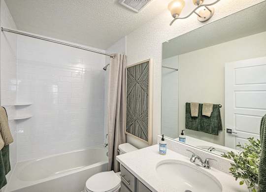 a bathroom with a shower and a sink and a mirror