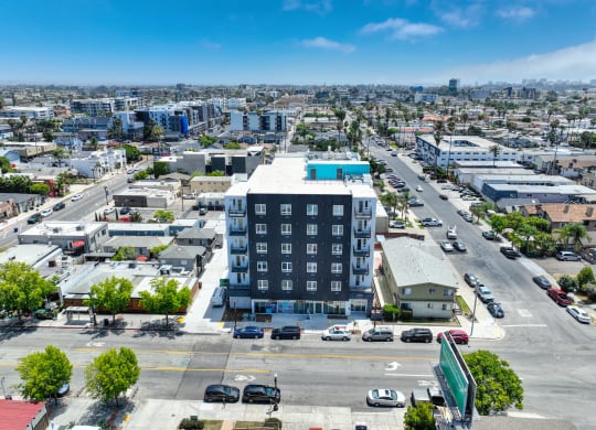 an aerial view of a building in the city