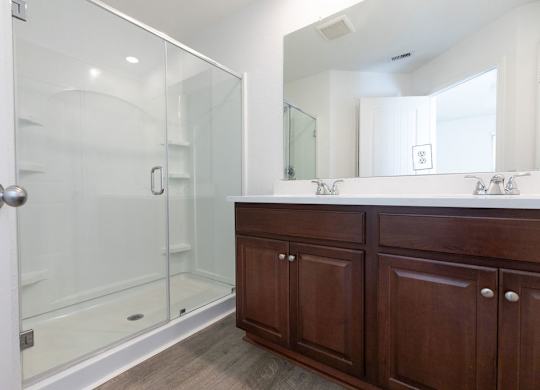 A bathroom with a glass shower door and a wooden vanity.