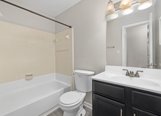 a bathroom with a tub, sink, toilet and a mirror