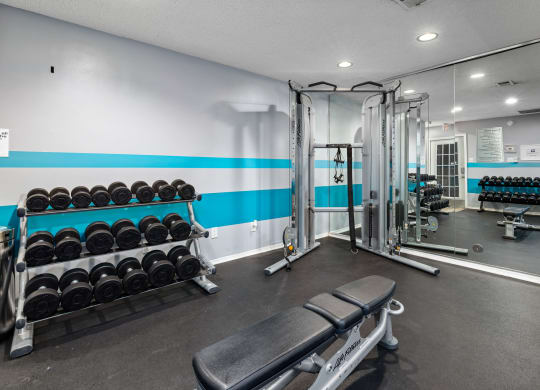 a gym with weights and dumbbells and a mirrored wall