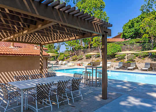 A table and chairs are set up under a pergola next to a pool.