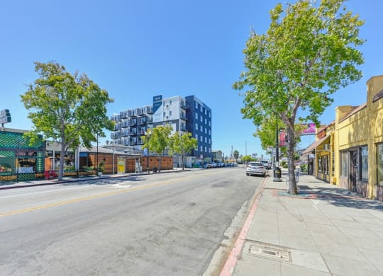 a street view of a city street with buildings and trees