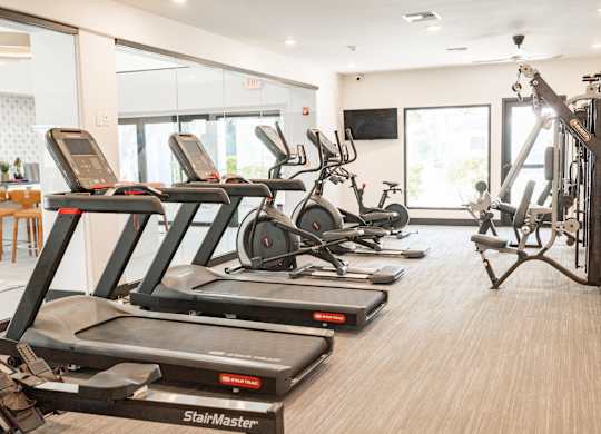A gym with treadmills and elliptical machines.
