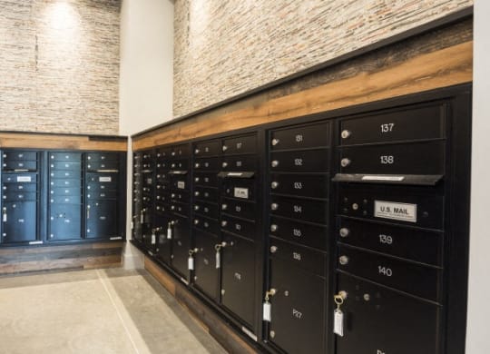 the lockers in the basement of the building are lined up against a wall with