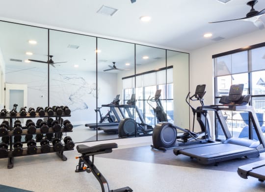 a gym with cardio machines and weights on the floor and large windows