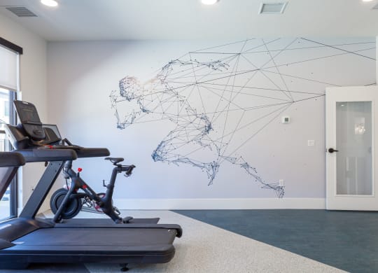 a gym with a workout equipment and a map on the wall