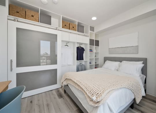 a bedroom with a bed and a closet