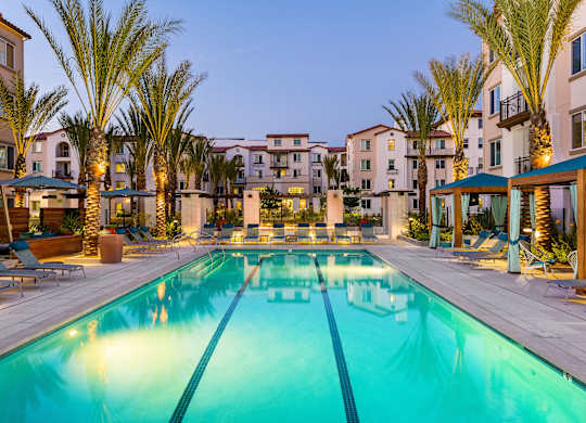 A large swimming pool surrounded by palm trees and lounge chairs at Sola at Pacific Highlands Ranch Apartments, San Diego, 92130