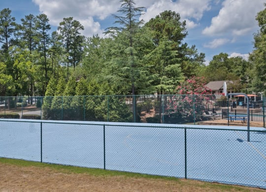 a fenced in basketball court and trees