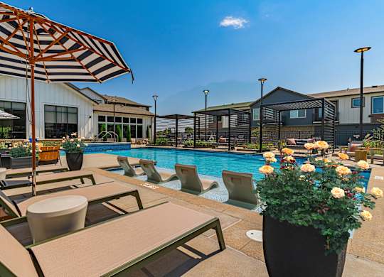 A poolside area with sun loungers and umbrellas.