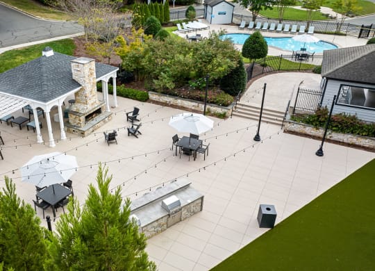 arial view of the courtyard with tables and umbrellas at View at Lake Lynn, North Carolina