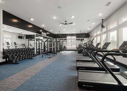 A gym with treadmills and exercise bikes.
