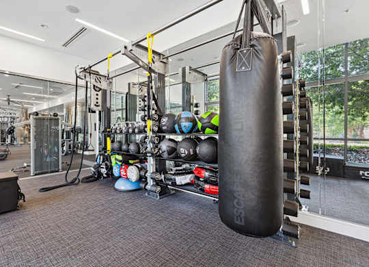 a large punching bag hangs in the corner of a gym