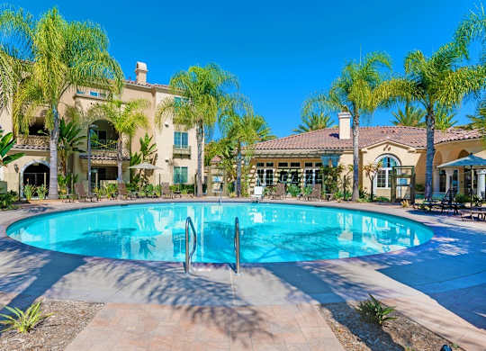 A large swimming pool surrounded by palm trees and a building in the background.