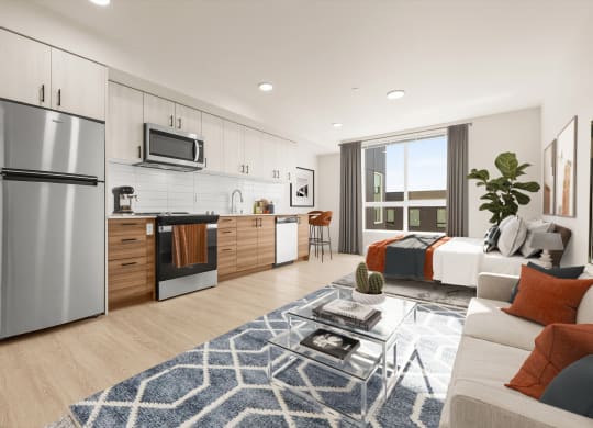 a kitchen and living room in a 555 waverly unit at Ion Town Center, Shoreline