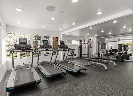 Fitness center with cardio and weight equipment at Scout Apartments, Kirkland