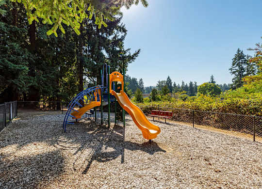 Playground with orange slides and climbing structure at Scout Apartments, Washington, 98034