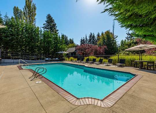 Outdoor swimming pool with lounge seating and umbrellas at Scout Apartments, Kirkland, Washington